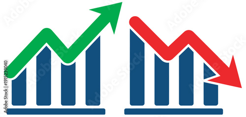 Graph blue going down up green red arrow icon set, vector icons, finance data visualization, stock market indicators, business chart illustration