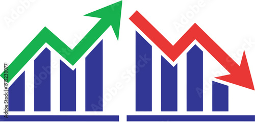Graph blue going down up green red arrow icon set, vector illustration, financial chart symbols, stock market trend, business analytics design