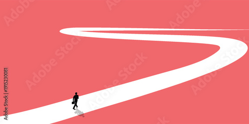 A lone businessman walks along a winding white path on a red background, symbolizing a journey, future, or challenge ahead.