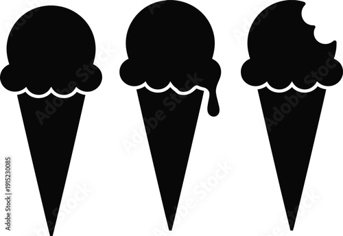 Ice cream cone icon set in black silhouette style, melting scoop and bitten dessert vector collection isolated on light background for food branding