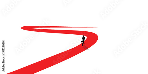 A lone figure walks on a winding red path against a stark white background, symbolizing a journey or a challenging road ahead.