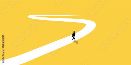 A lone businessman walks along a winding white path on a vibrant yellow background, symbolizing a journey or career progression.