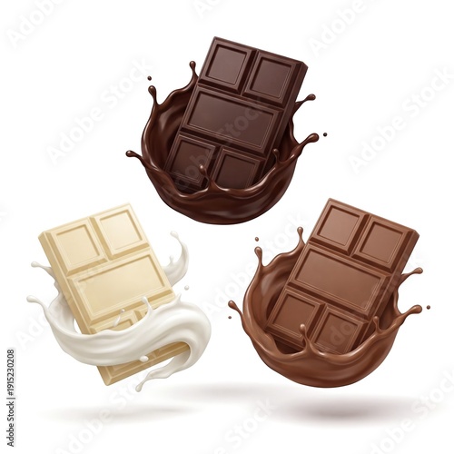 Wallpaper Mural Three Chocolate Bars Dark White and Milk with Splash Isolated on White Background Torontodigital.ca