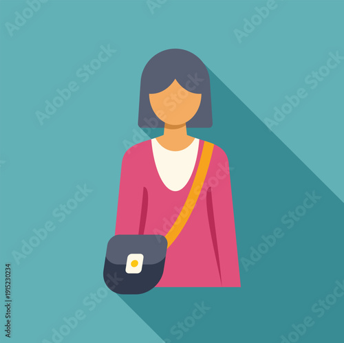 Woman character avatar wearing a pink shirt and carrying a shoulder bag, presenting a long shadow