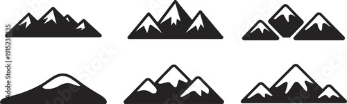 Minimalist mountain silhouette icon set, black snowcapped alpine peaks and hills vector collection isolated on light background for outdoor adventure branding design