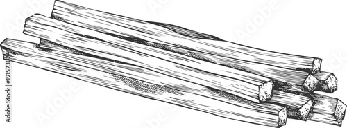 Monochrome sketch of sandalwood sticks, hand-drawn outline.
