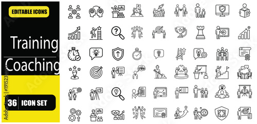 Training and Education Line Icon Set – Editable Stroke Outline Icons for Training, Coaching, Mentoring, Education, Meeting, Conference, Teamwork, Learning and Professional Development Linear Icons for