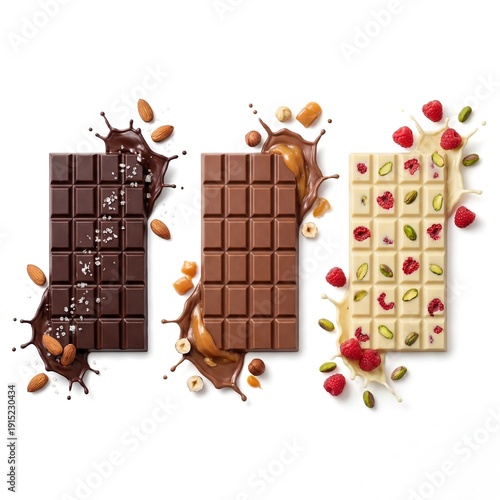 Wallpaper Mural Dark Milk and White Chocolate Bars with Almond Caramel Pistachio and Raspberry Isolated on White Torontodigital.ca