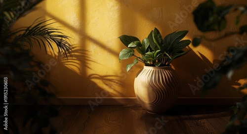 relaxed room ambiance with rich yellow wall and artistic plant vase on dark wood floor