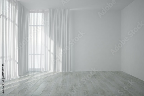 modern empty bright room with white curtains interior design. 3D illustration