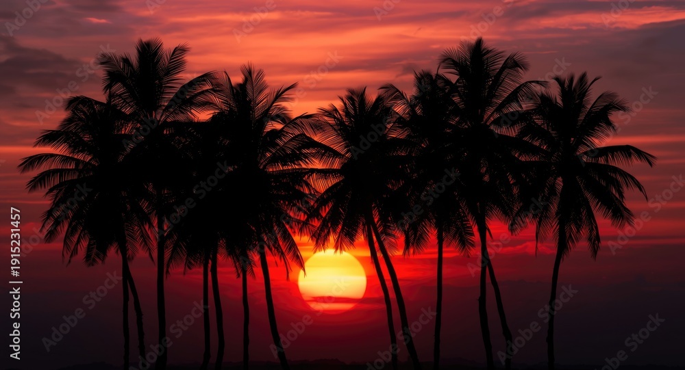 Obraz premium Timeless palm tree silhouettes set against a rich sunset backdrop