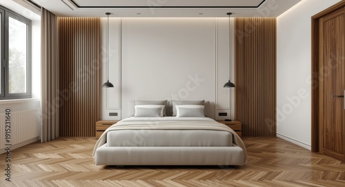 Master bedroom in minimalist contemporary space with parquet flooring double bed pillows and pendant lamp luxury interior design template and copy space
