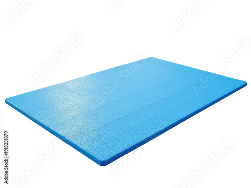 A blue exercise mat on a clean and minimalist white background, perfect for showcasing yoga or fitness exercises