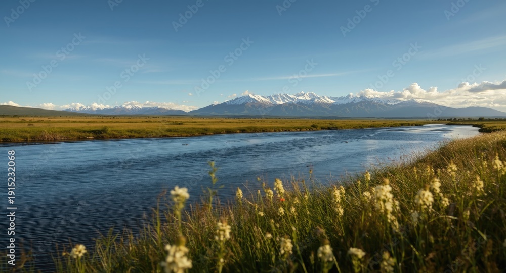 Obraz premium A scenic artwork capturing a wide river cutting through verdant grasslands with a mountain ridge beyond