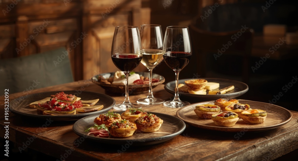 Fototapeta premium Delicious appetizers and light meals served with wine glasses on restaurant table