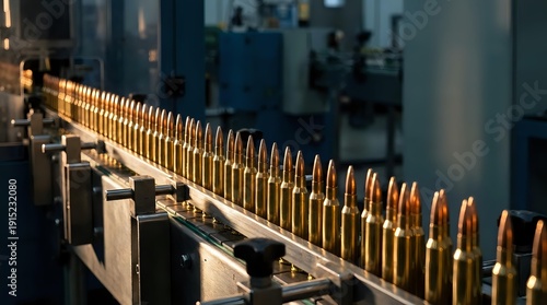 Ammunition production line with copper bullets moving through automated manufacturing equipment in industrial factory setting for defense industry.