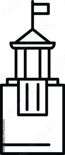 Minimalist black line drawing of a government or university building with a flag