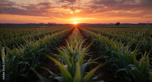 Early growth stage maize crop in a vast open cornfield enhanced by a rich sunset color copyspace photo