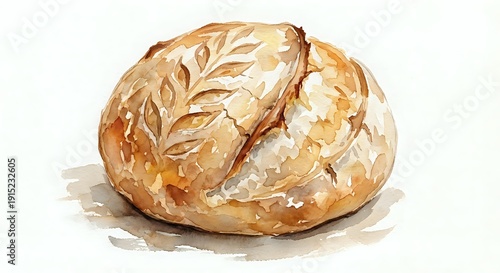 Watercolor artisan bread loaf with decorative wheat pattern scoring on golden brown crust, rustic bakery style illustration for culinary designs.