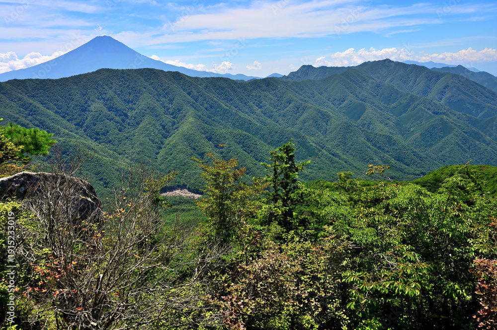 Fototapeta premium 御坂山地の釈迦ヶ岳山頂より 夏富士と御坂山地の展望 
