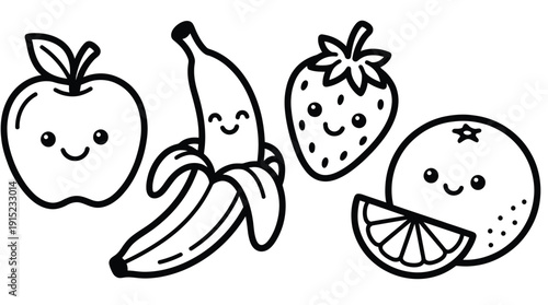 Cute cartoon fruits line art drawing featuring a smiling apple, peeled banana, strawberry, and orange with a slice, perfect for coloring pages.