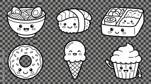 Cute cartoon food items in black and white outline, featuring ramen, sushi, bento, donut, ice cream, and cupcake with happy faces.