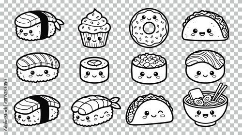 A collection of cute black and white cartoon food illustrations including sushi, tacos, donuts, cupcakes, and ramen, all with kawaii faces.