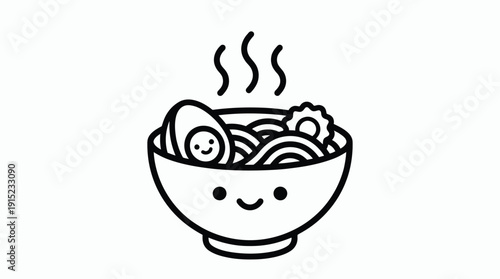 Cute black and white line art illustration of a steaming bowl of ramen with a smiling face and happy egg, featuring noodles and narutomaki.
