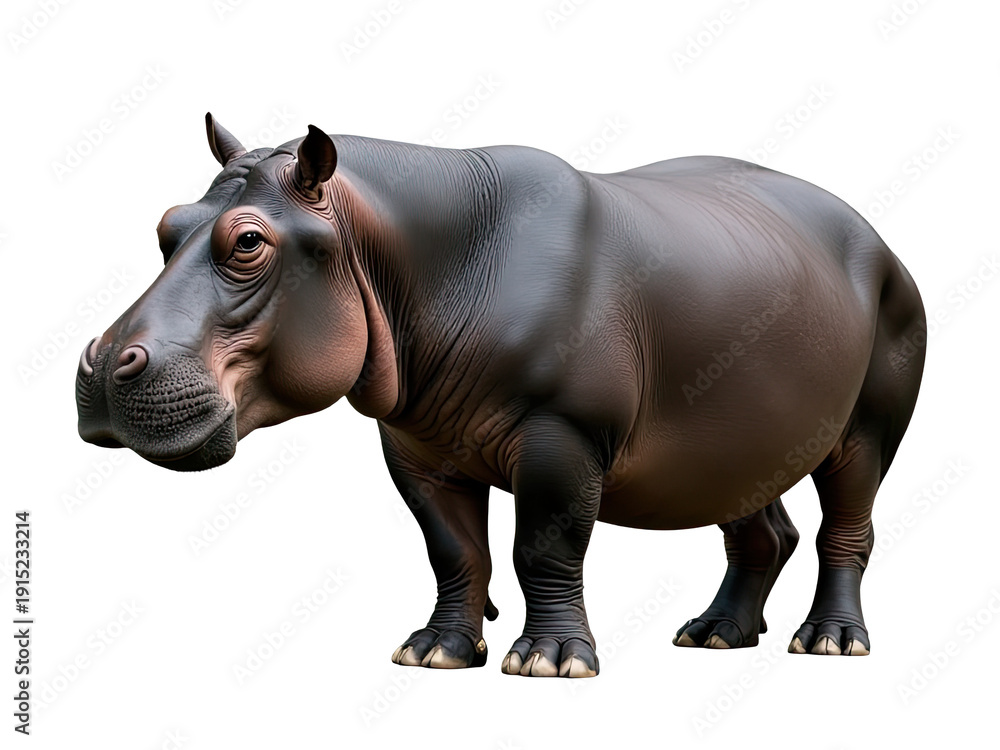 Obraz premium A hippo standing alone in front of a white background, perfect for use as a standalone illustration or design element