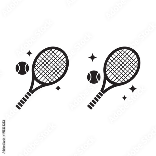 Black and white illustration of tennis rackets and balls with star sparkles