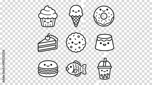 Cute black and white line art illustrations of various dessert and food items including cupcake, donut, ice cream, cake, cookie, macaron, pudding, fish, and bubble tea on a transparent background.