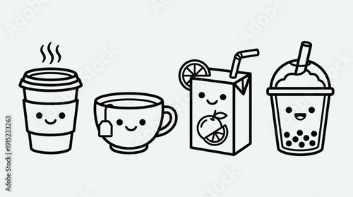 Four cute cartoon outline illustrations of various beverages including coffee, tea, juice, and bubble tea with smiling faces.