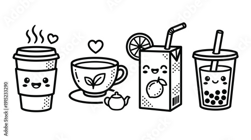 Cute cartoon illustration of various beverages including coffee, tea, juice, and bubble tea, all with happy kawaii faces and simple line art style.