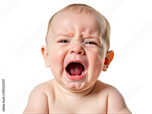 A young infant wailing loudly with their mouth agape, a universal expression of distress