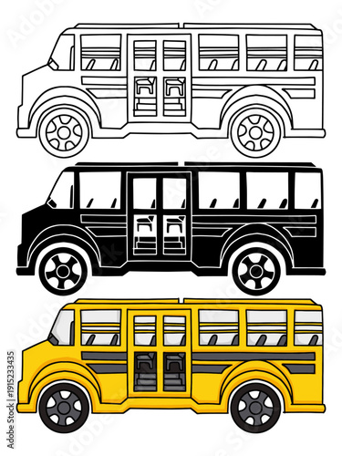 School bus vector illustration set with line art, silhouette, and yellow versions. Hand drawn school bus icon collection for education and student transportation