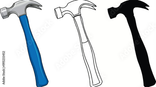 Three different hammers with various handle colors and styles for construction and repair work