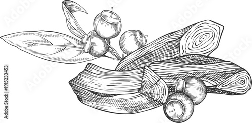 A black and white hand-drawn sketch of sandalwood with leaves and berries.