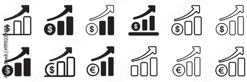 Currency growth icons set, dollar euro symbols, increasing graph arrows, financial investment vector, business analytics, economic growth, profit trend illustration