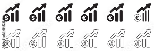 Currency growth icons set, rising graph arrows with dollar and euro symbols, finance business vector, economic growth, investment trend illustration