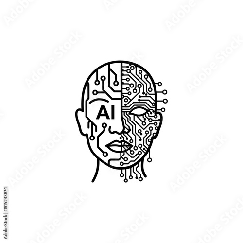 AI technology concept: human face split with circuit board pattern