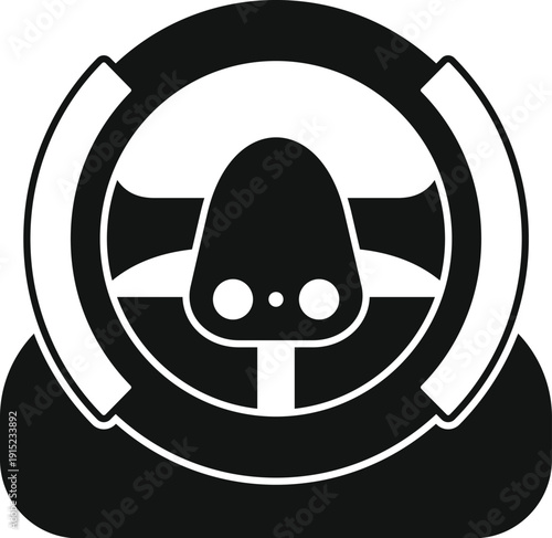 Black and white gaming steering wheel silhouette on white background representing simulation racing