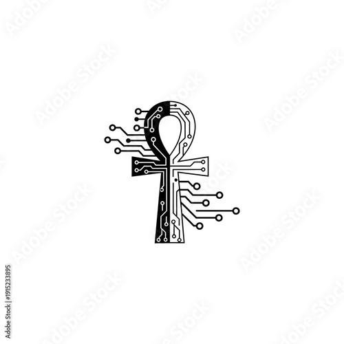Ankh symbol with circuit board pattern, ancient Egyptian life symbol meets technology