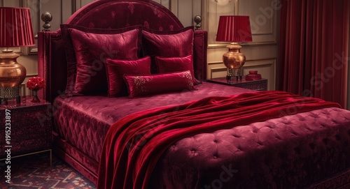 Stylish luxury bedroom featuring deep burgundy bed and crimson red accents