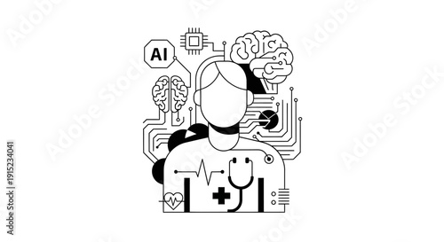 Artificial Intelligence in Healthcare: Brain, Doctor, AI Chip, Heartbeat