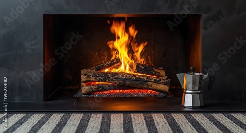 Modern fireplace with firewood and coffee pot warming on striped rug surface