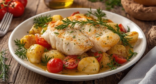Perfectly baked cod fish with golden potatoes and fresh cherry tomatoes on wooden kitchen table