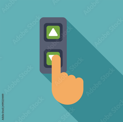 Hand pressing the down arrow button on an elevator control panel