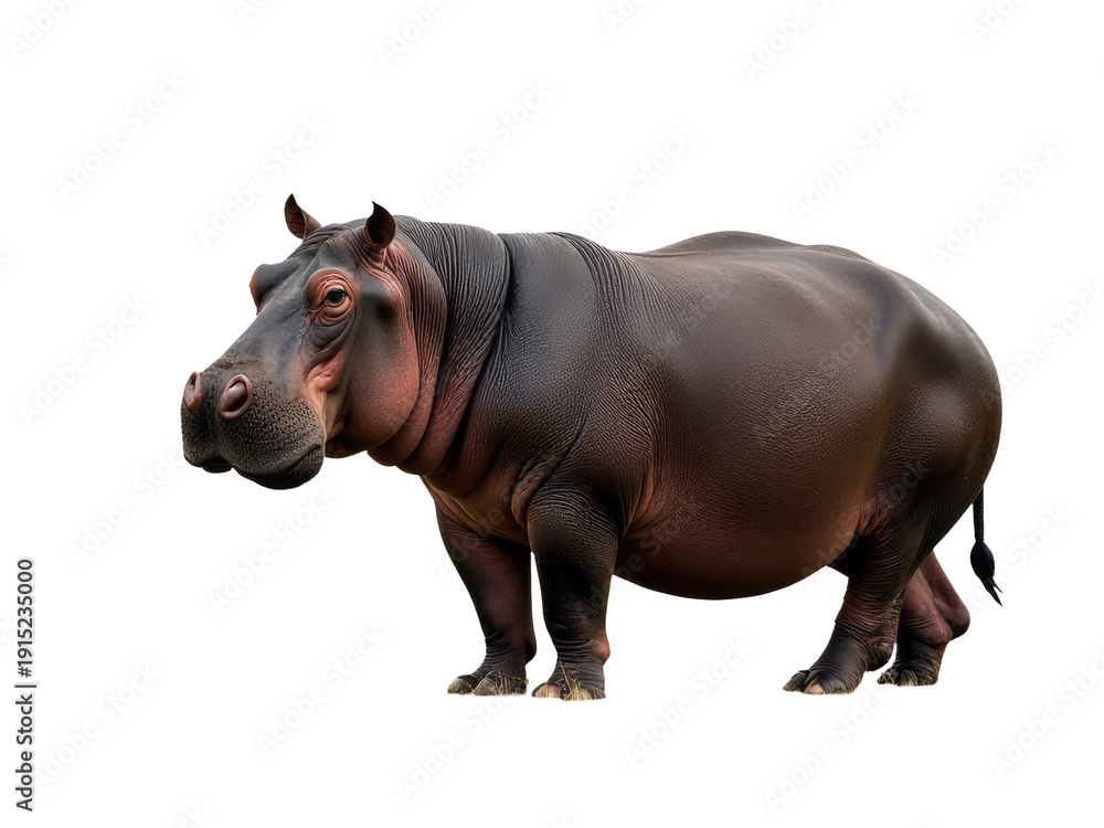 Obraz premium A close-up image of a hippopotamus standing on a white background, looking directly at the camera