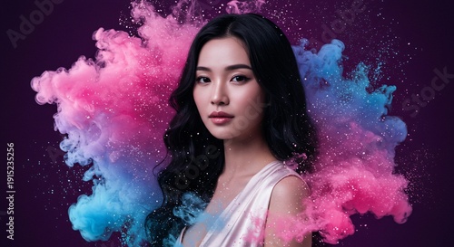 Beautiful Asian Woman Portrait with Vibrant Pink & Blue Holi Powder Explosion for Beauty Photography