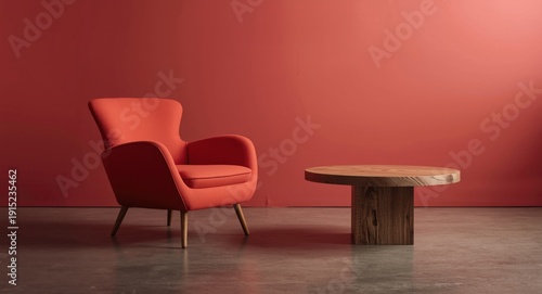 Minimalist mid century modern living room featuring living coral color palette with vintage coral armchair and wood table on concrete floor